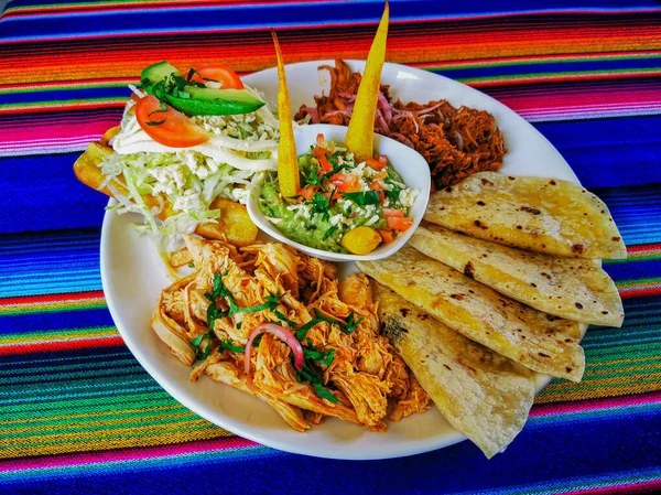 Mistura de alimentos mexicanos fundo colorido, guacamole, cochinita pibil, flautas e quesadilla . — Fotografia de Stock