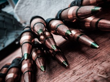 Düzenli ordu kovanları ve bakır mermilerden oluşan bir sıra yakın çekim..