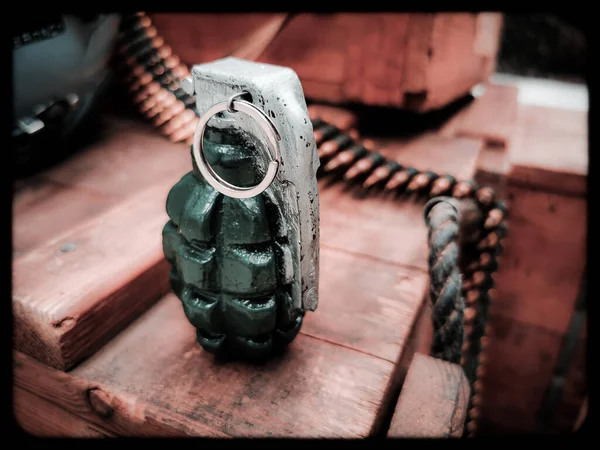 Close up view of hand grenade on boxes of army supplies. — 스톡 사진