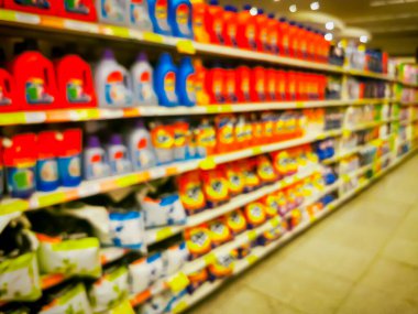 Market rafları iç bulanık arkaplan, bulanık süpermarket rafları.