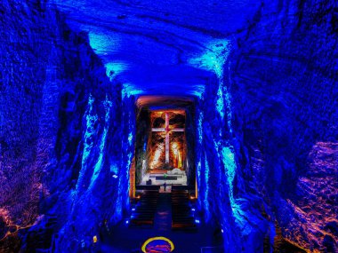 ZIPAQUIRA, COLOMBIA - NOBEMBER 12, 2019: Underground Salt Cathedral Zipaquira built within the tunnels from a mine 200 meters underground.