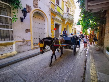 Cartagena, Kolombiya - 09 Kasım 2019: Tarihi İspanyol sömürge şehri Cartagena de Indias, Kolombiya 'da at arabaları çekildi