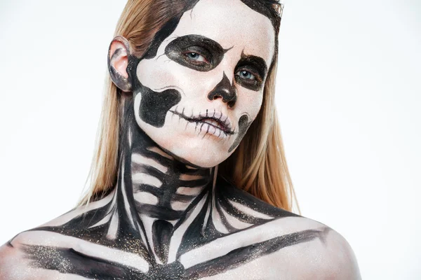 Closeup of woman with halloween skeleton makeup — Stock Photo, Image