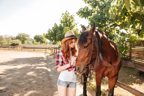 Bonito jovem mulher vaqueira tomando cuidado e abraçando seu cavalo — Fotografia de Stock