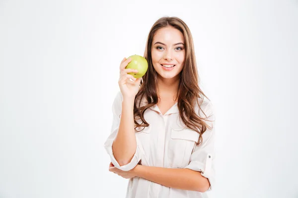 Happy smiling woman holding apple — Stock Photo, Image