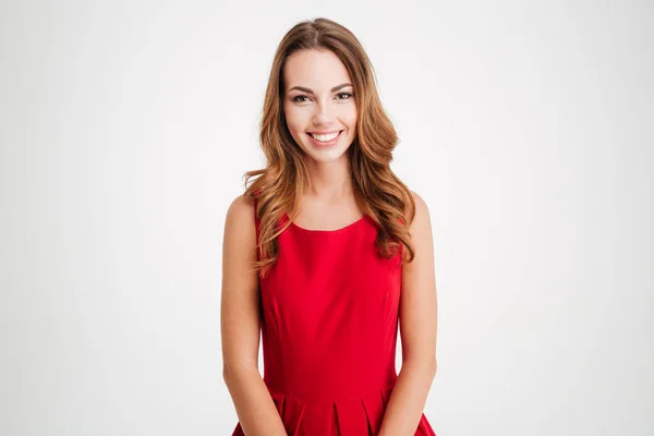 Retrato de una mujer alegre en traje de Santa Claus rojo —  Fotos de Stock