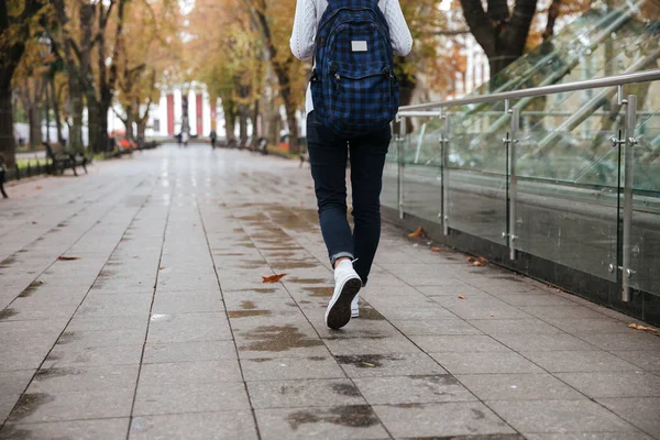 Vista trasera de la mujer con mochila caminando en el parque —  Fotos de Stock