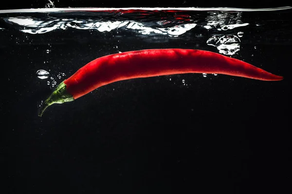 Red chili peppers falling into the water isolated — Stock Photo, Image