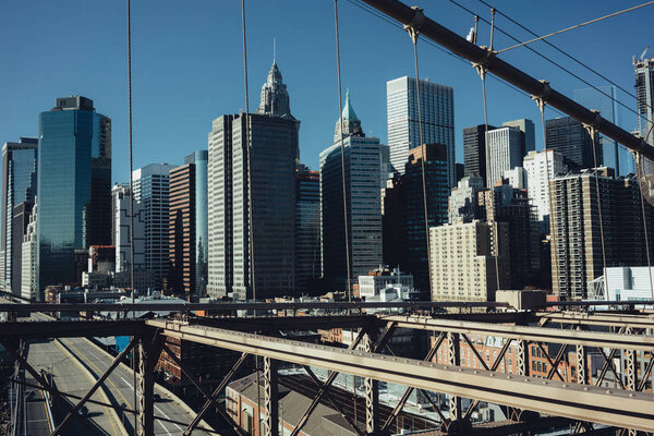 View on a Lower Manhattan and Brooklyn Bridge in New York City