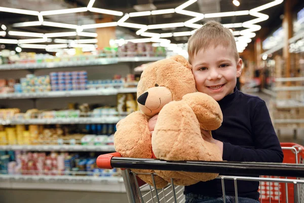Sonriente niño en carrito de compras sosteniendo osito de peluche — Foto de Stock