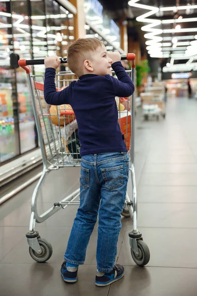 Vertical image of smiling boy with shopping trolley — Stock Photo, Image