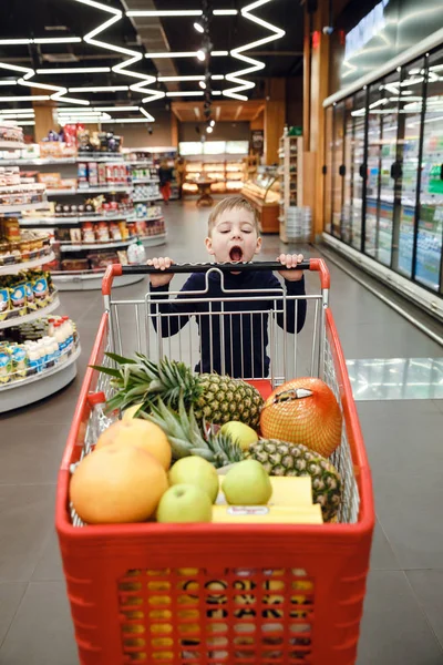 Vertical image of boy pushing shopping trolley — Stock Photo, Image