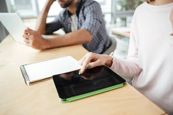 Cropped photo of young two colleagues in office — Stock Photo, Image