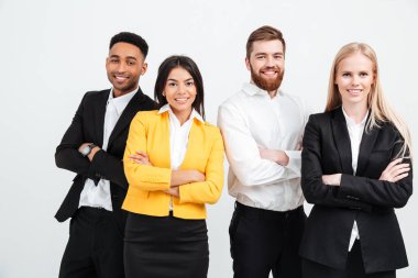 Mutlu meslektaşları iş takım ayakta Office