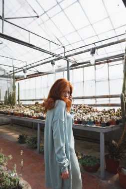 Genç kız camdan bir evde ayakta kaktüsler dolu