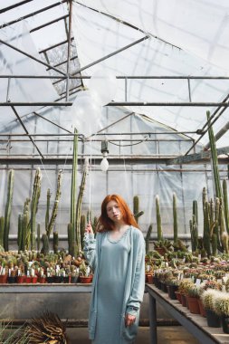 Elbiseli genç bir kızıl saçlı kadın portresi