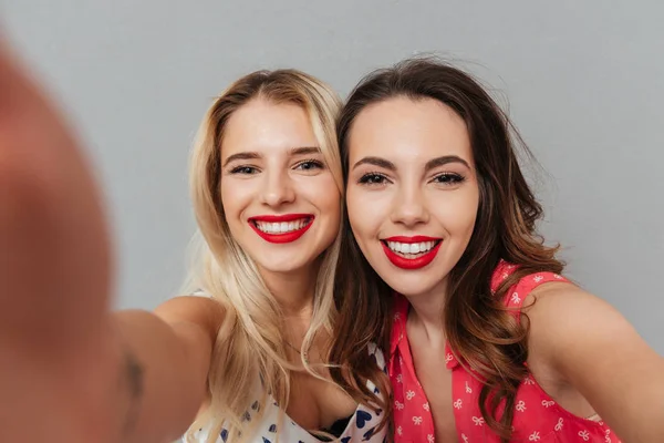 Abbastanza felice giovani donne fanno selfie . — Foto Stock