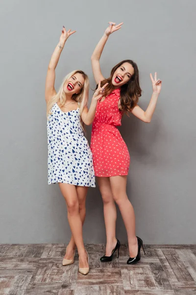 Cheerful young ladies make peace gesture.