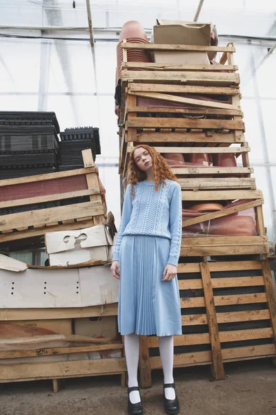 Girl near boxes in orangery — Stock Photo, Image