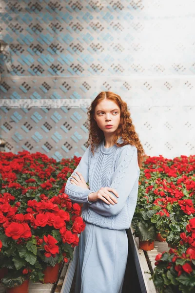 Mädchen steht in roter Blüte — Stockfoto