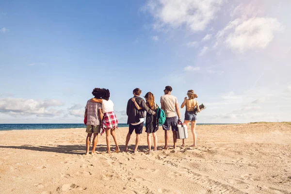 Vista trasera de hombres y mujeres jóvenes en la orilla del mar —  Fotos de Stock