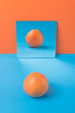 Greyfurt portakal arka plan üzerinde izole mavi masada