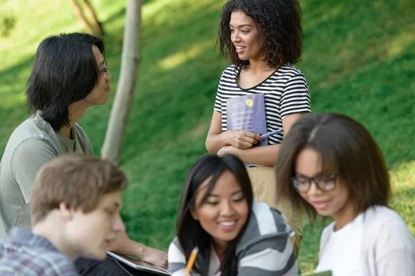 Groupe joyeux de jeunes étudiants assis et étudiant — Photo