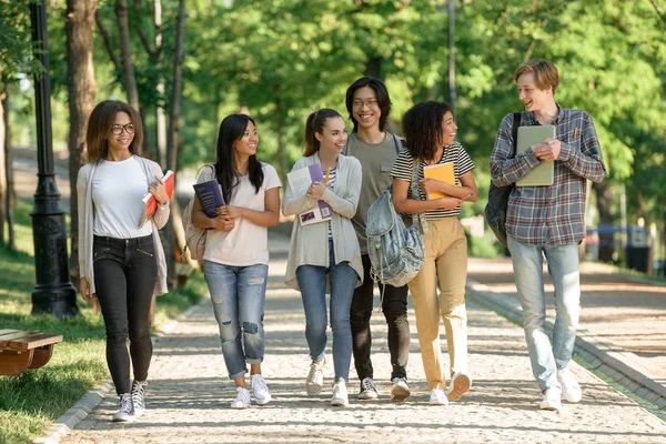 Grupo multiétnico de jóvenes estudiantes alegres caminando —  Fotos de Stock