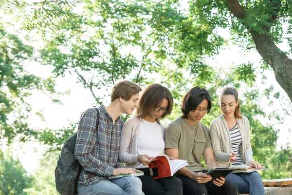 Mladí studenti veselá sedí a studovat venku — Stock fotografie