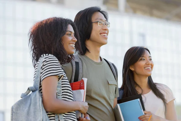 Grupo multiétnico de jóvenes estudiantes sonrientes de pie y hablando — Foto de Stock