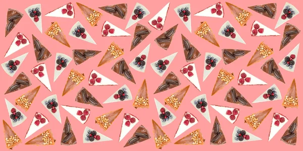 Horizontal pattern of different pies isolated over pink