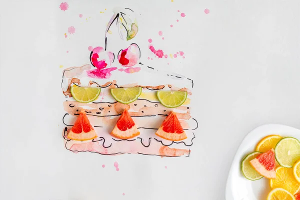 수채화로 그린 신선한 체리와 과일 케이크의 조각 — 스톡 사진