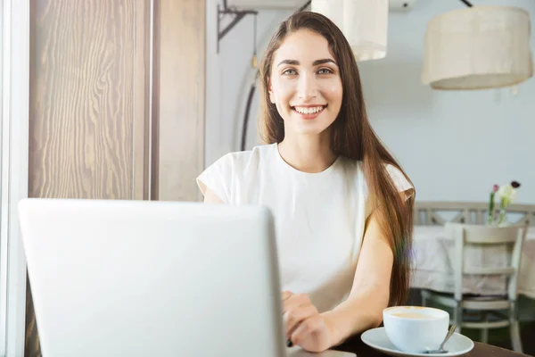 Pretty smiling business woman using laptop in restaurant
