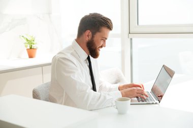 Yan görünümü bir gülümseyen bir dizüstü bilgisayar kullanarak iş adamı sakallı