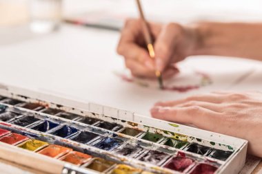 Genç sanatçı suluboya boya ve fırça ile desen çizimi