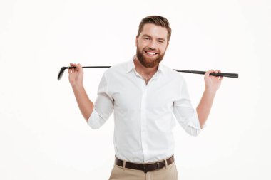 Golfstick tutan adam neşeli genç sakallı