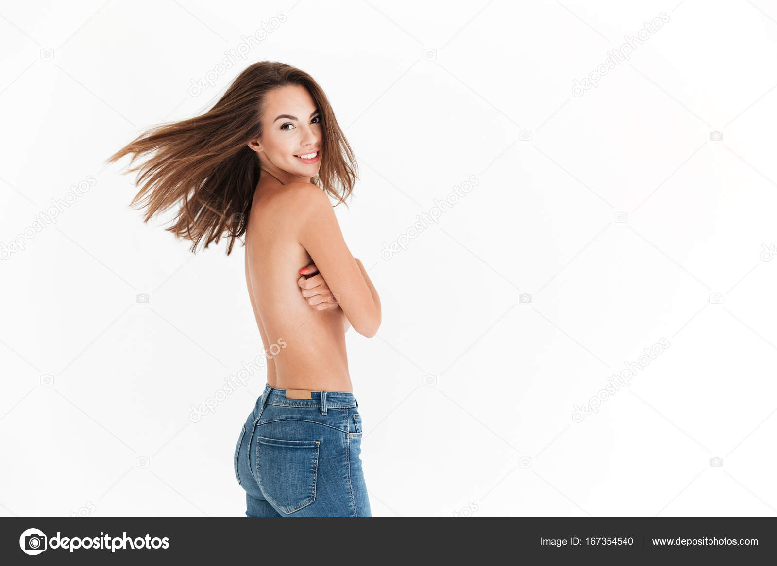 mutlu yarı çıplak kadın poz yan görünüm stok fotoğrafçılık