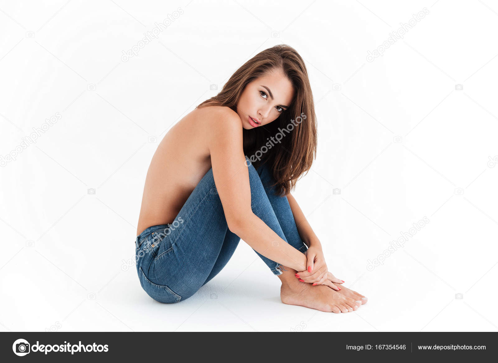 Side View Of Pretty Half Naked Woman Sitting On The Floor Stock Photo