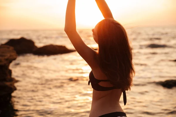 Vista posteriore della giovane donna bruna in posa in bikini — Foto Stock