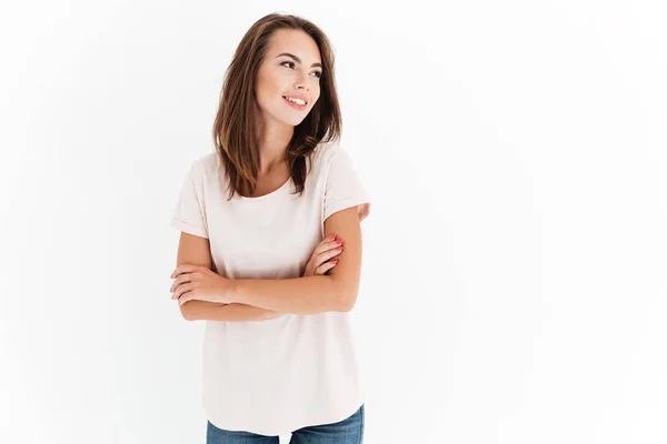 Happy woman with crossed arms looking away — Stock Photo, Image
