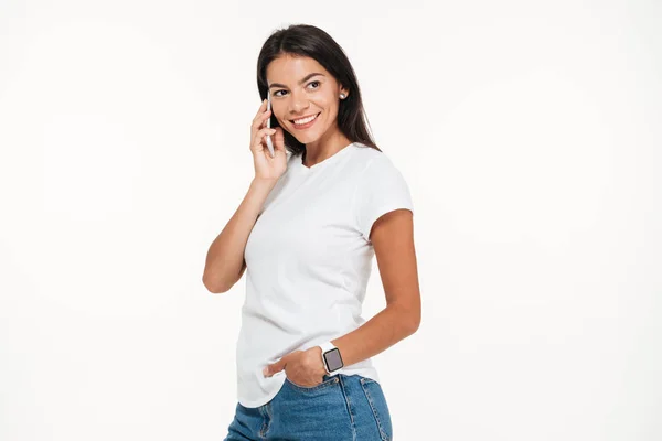 Portrait of a smiling young woman wearing smart watch — Stock Photo, Image