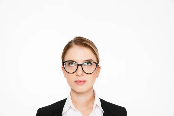 Close up image of carefree blonde business woman in eyeglasses — Stock Photo, Image