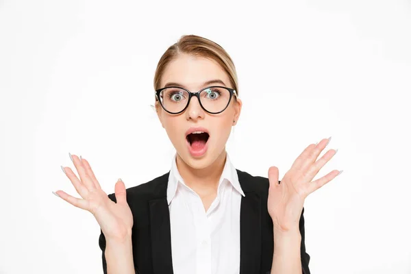 Close up picture of shocked happy blonde business woman — Stock Photo, Image