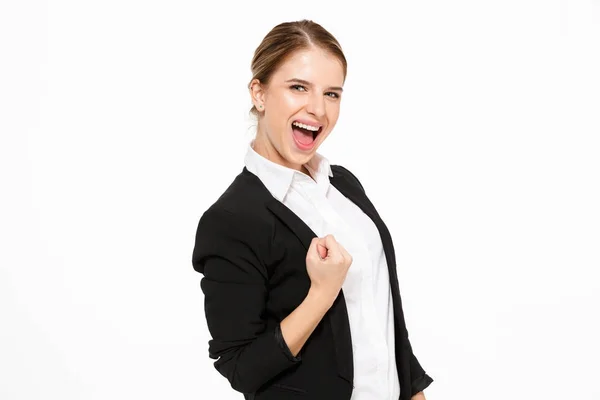 幸せな悲鳴金髪ビジネス女性の側面図 — ストック写真