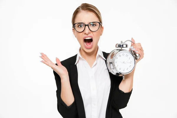 Screaming blonde business woman in eyeglasses is late — Stock Photo, Image
