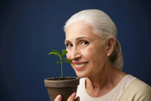 Close-up photo of happy aged woman showing young plant in the sp