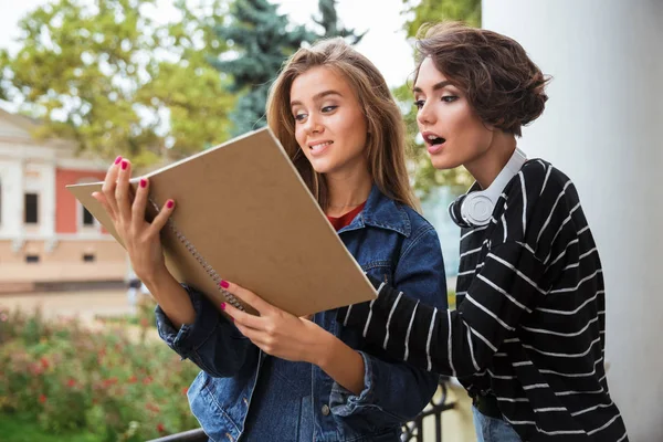 Two young pretty teenage girls studuing together — Stock Photo, Image