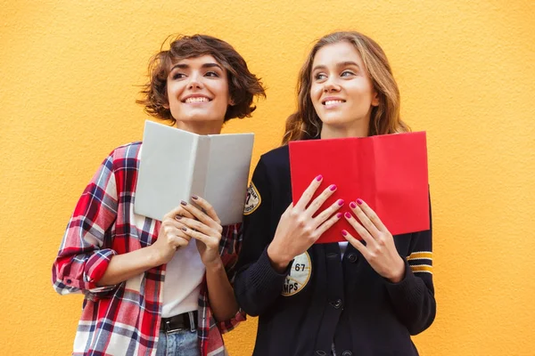 Portret van twee glimlachend vrij tienermeisje met boeken — Stockfoto