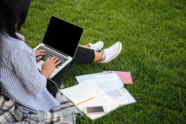 Vista cortada de estudante do sexo feminino digitando no laptop, sentado em gras — Fotografia de Stock