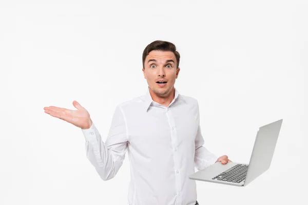 Portrait of a confused frustrated man in white shirt — Stock Photo, Image